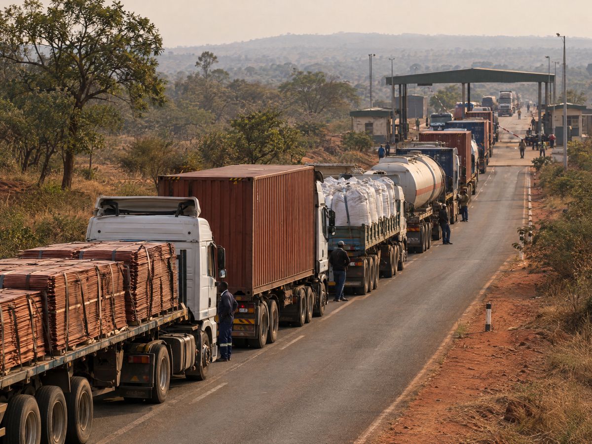 Trucks loaded with copper cathode queued on the road to a border post